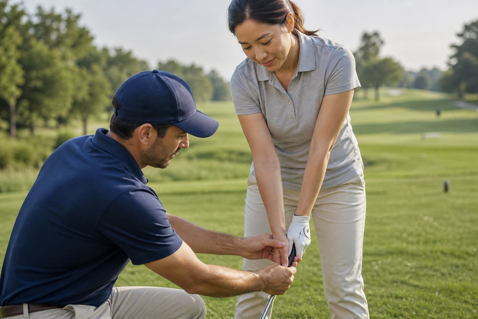 Coach helping a beginner with grip and setup