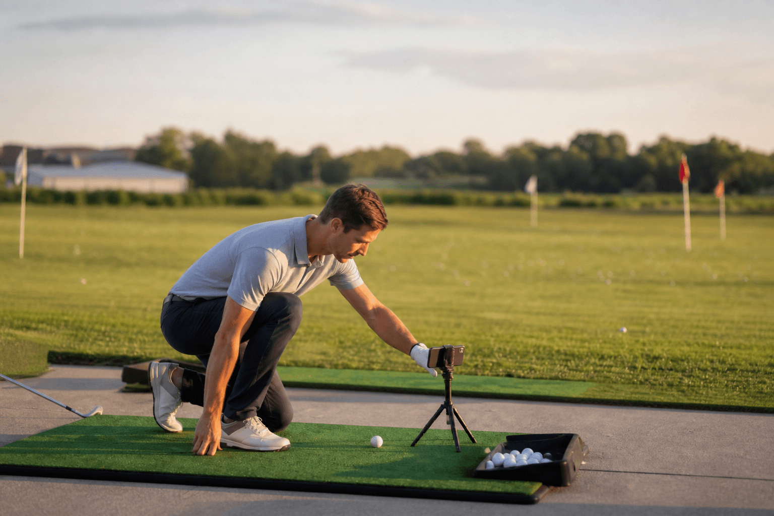 Golfer recording a swing video on the driving range for online lesson feedback