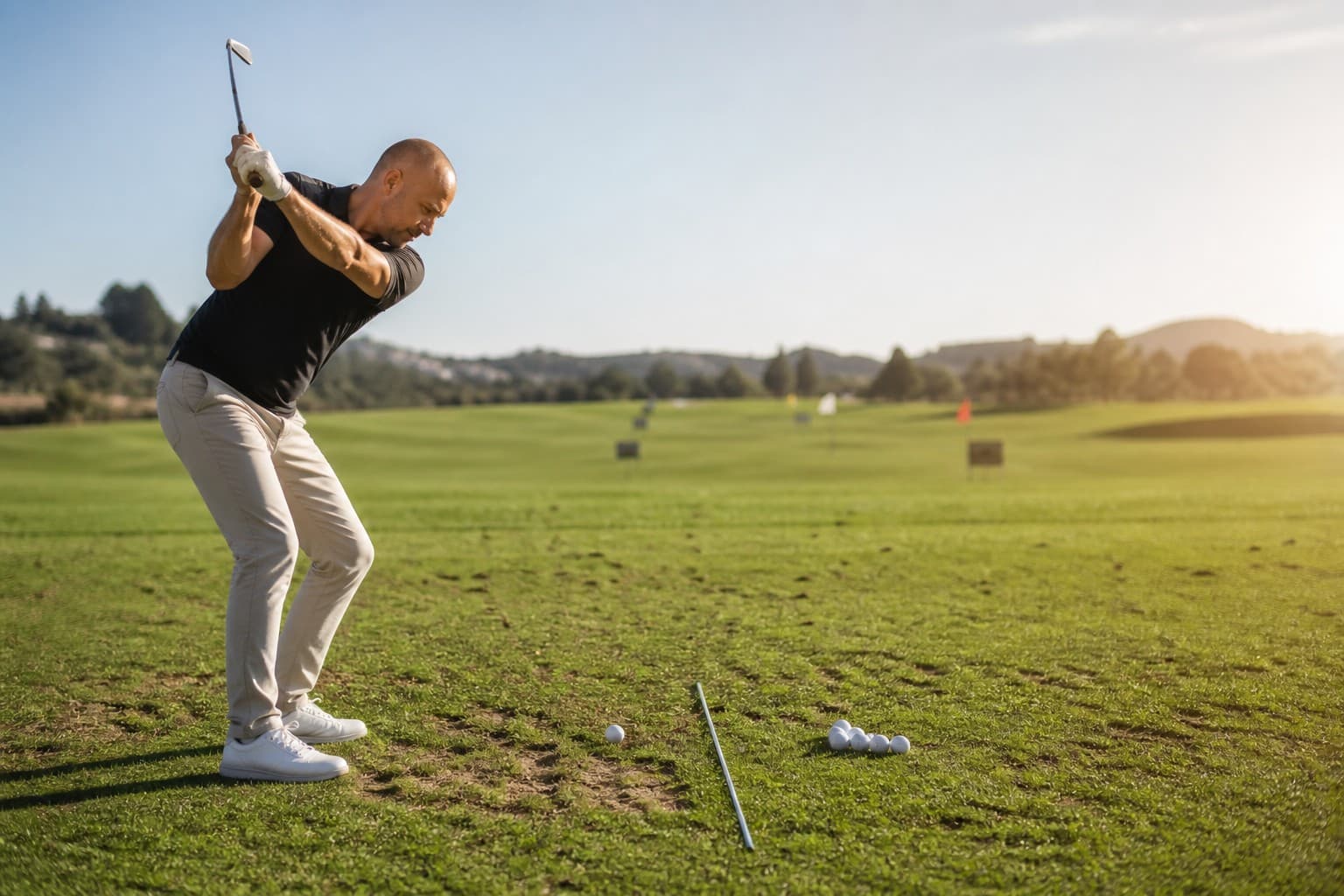 Golfer practicing drills with an alignment stick on the range