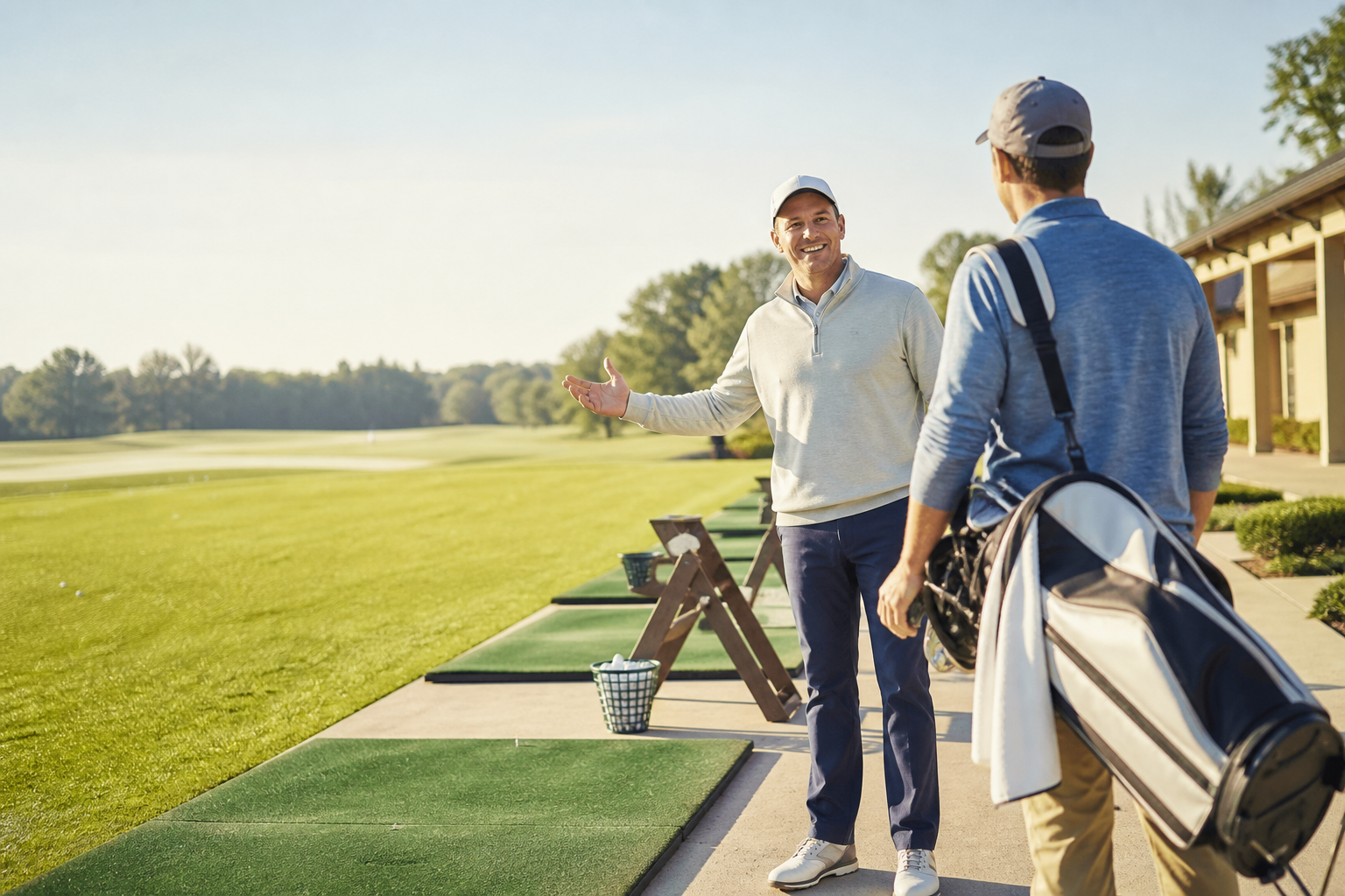 A beginner golfer smiling on a sunny practice range with a golf bag and clubs nearby