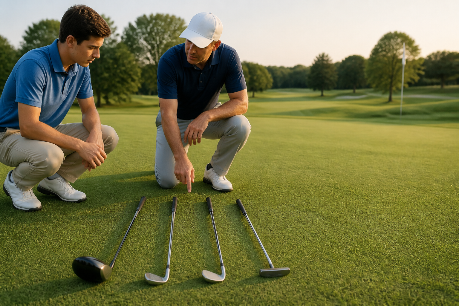 A lineup of different golf clubs including a driver, irons, wedge, and putter on green grass