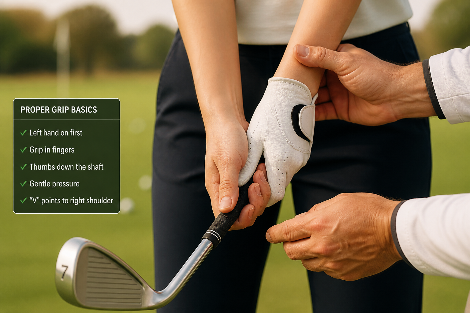 Close-up of a golfer's hands demonstrating a proper overlapping golf grip on a club
