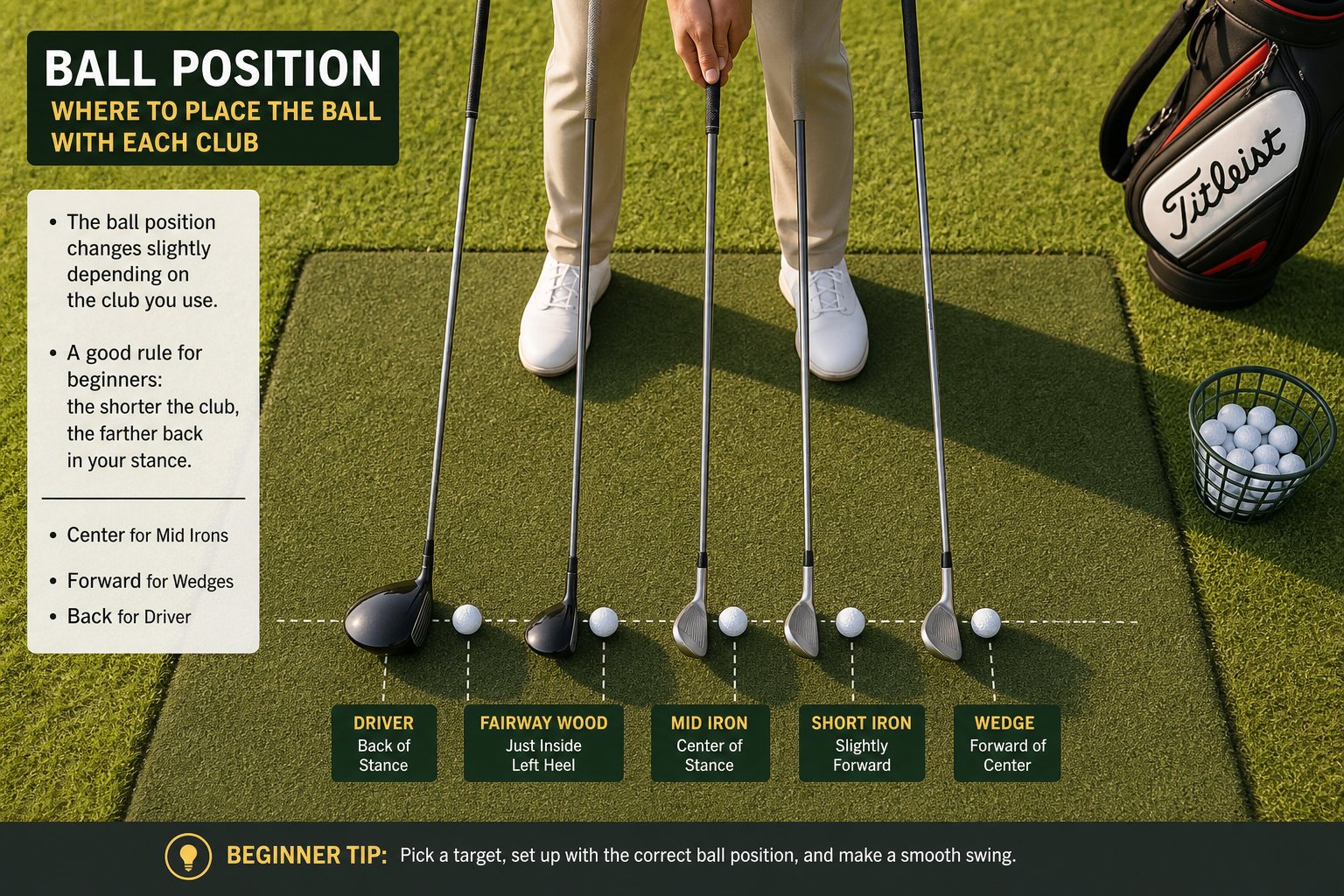 A golf ball positioned correctly in a beginner's stance with alignment markers on the ground