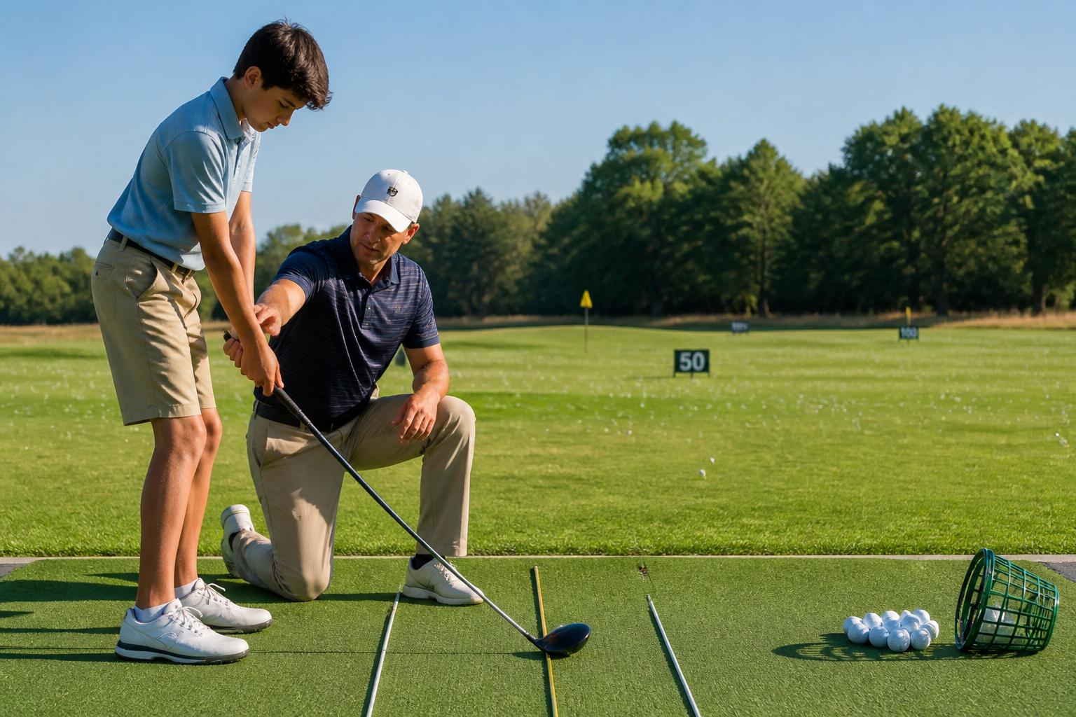 Beginner golfer using an alignment stick on the ground to aim toward a practice target