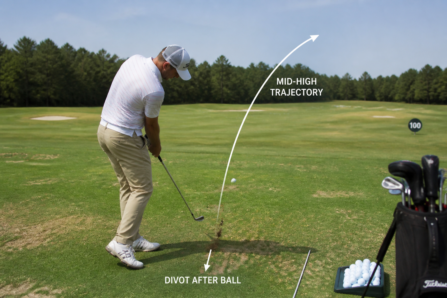 Close view of a golf club striking a ball with a descending blow on the practice range