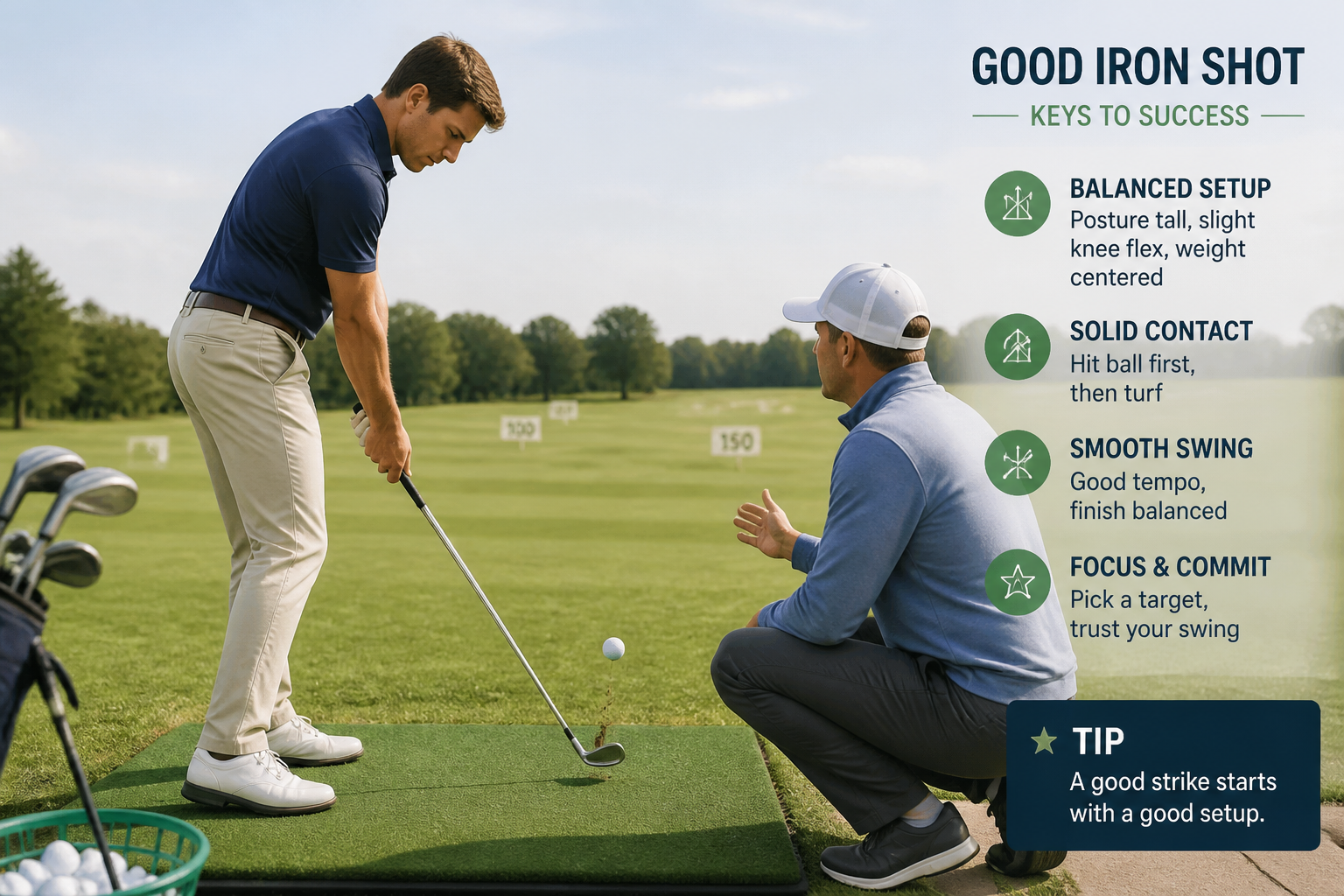 Beginner golfer hitting a mid-iron shot from the fairway with balanced follow-through