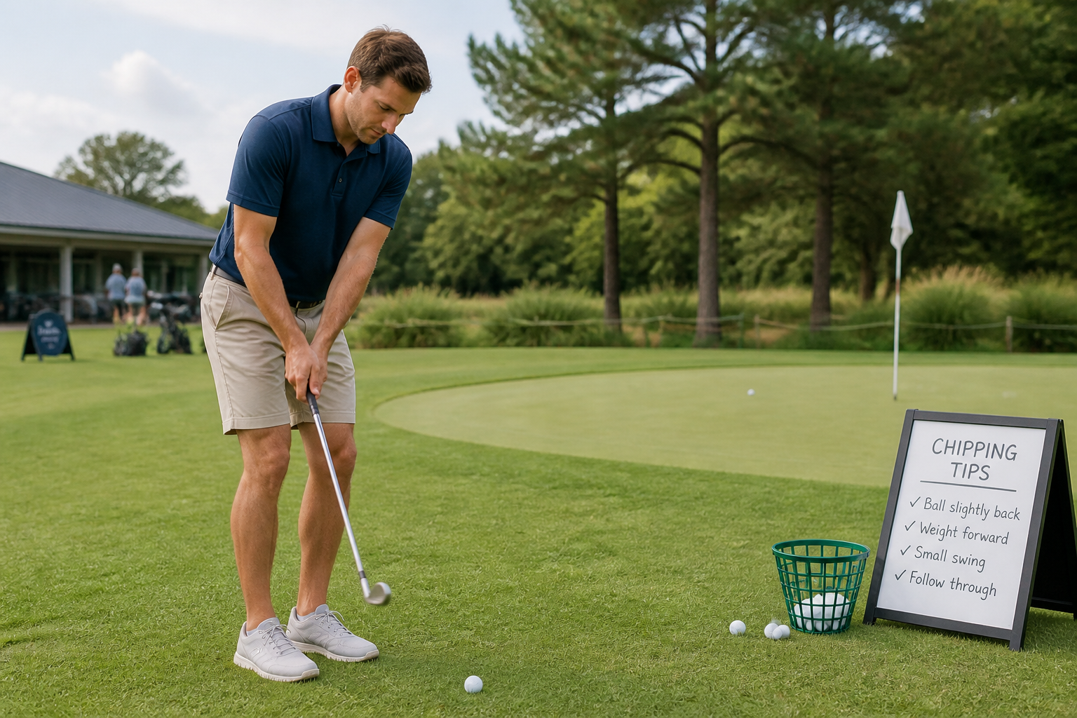 Beginner golfer practicing a basic chip shot onto the green with a wedge
