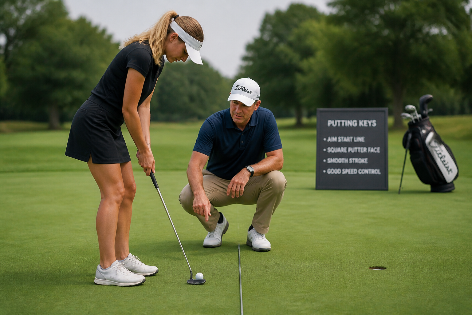 Beginner golfer lining up a putt on the green with a relaxed putting stance
